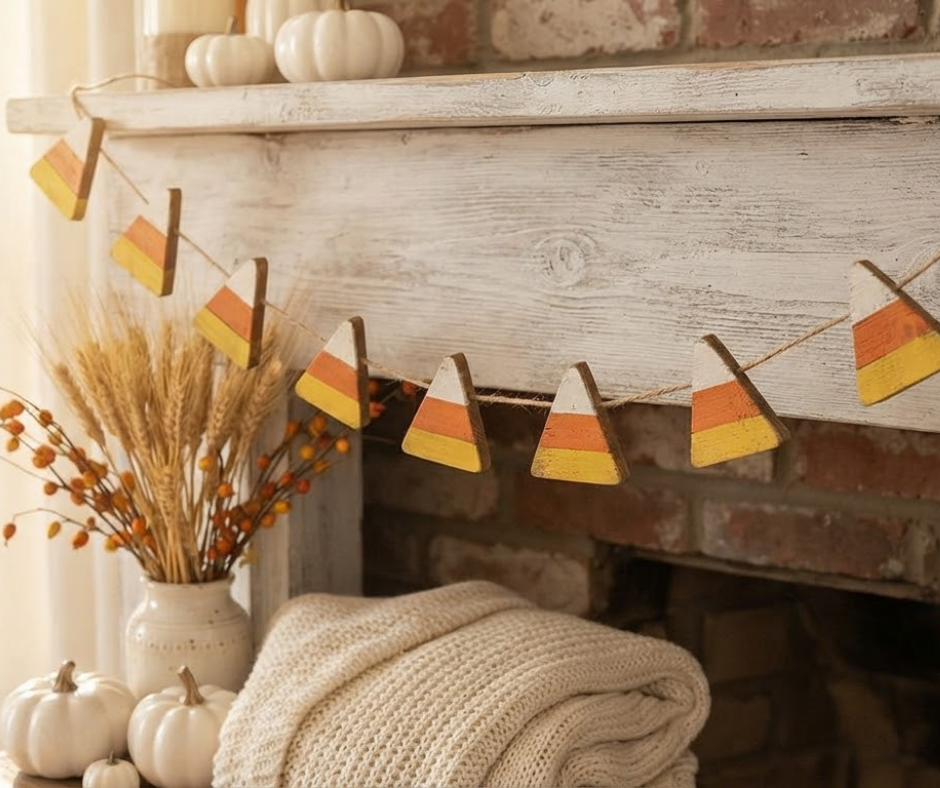 Learn how to make a DIY Candy Corn Garland from scrap wood, paint and twine. This easy fall decoration can be customized for fall or Halloween.