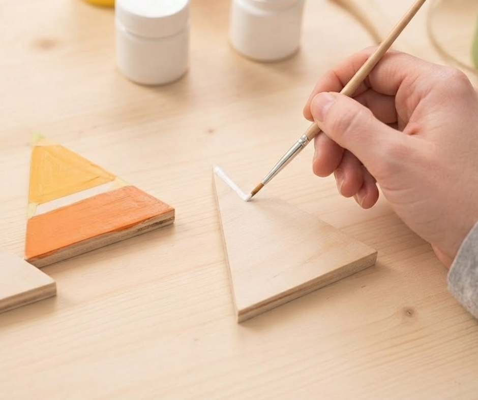 Learn how to make a DIY Candy Corn Garland from scrap wood, paint and twine. This easy fall decoration can be customized for fall or Halloween.