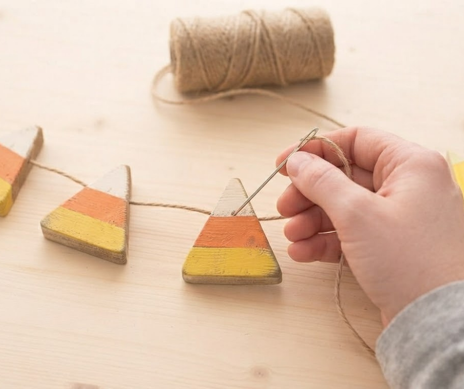 Learn how to make a DIY Candy Corn Garland from scrap wood, paint and twine. This easy fall decoration can be customized for fall or Halloween.