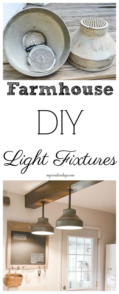 Are you looking to update the lighting in your kitchen? These DIY Light Fixtures upcycle farm pieces to create custom farmhouse lighting in this kitchen.