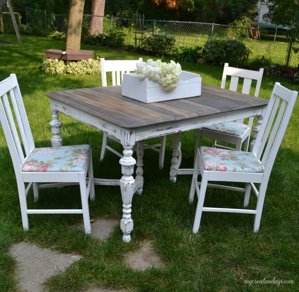 Are you looking for a farmhouse table and chairs? This set was made possible from a little elbow grease on a curbside find!