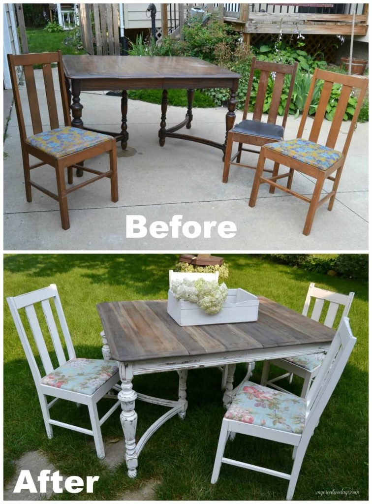 Are you looking for a farmhouse table and chairs? This set was made possible from a little elbow grease on a curbside find!