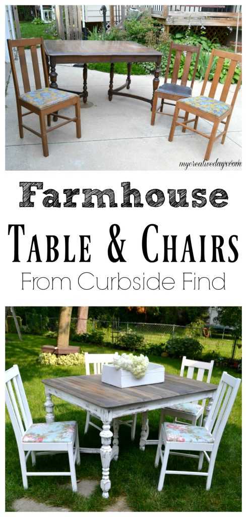 Are you looking for a farmhouse table and chairs? This set was made possible from a little elbow grease on a curbside find!