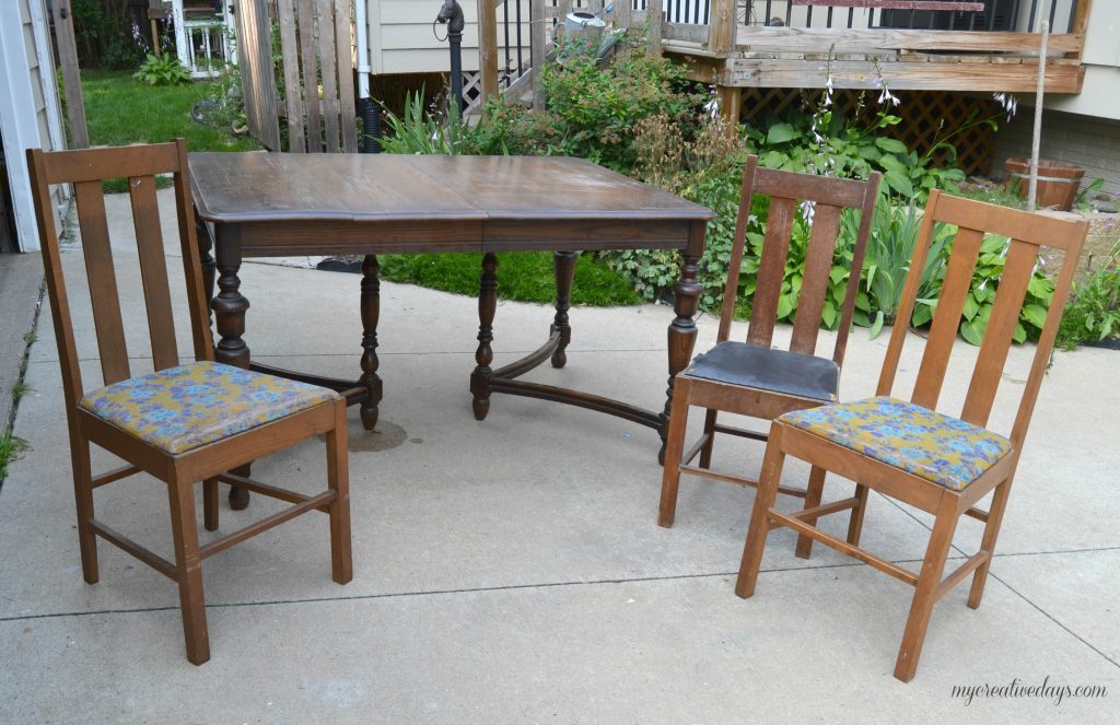 Are you looking for a farmhouse table and chairs? This set was made possible from a little elbow grease on a curbside find!