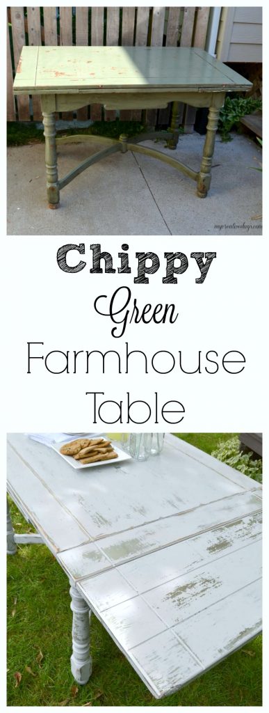Farmhouse tables come in all shapes, colors and sizes. This small farmhouse table was an avocado green color, but we toned it down and made it chippy with touches of the green color popping through.