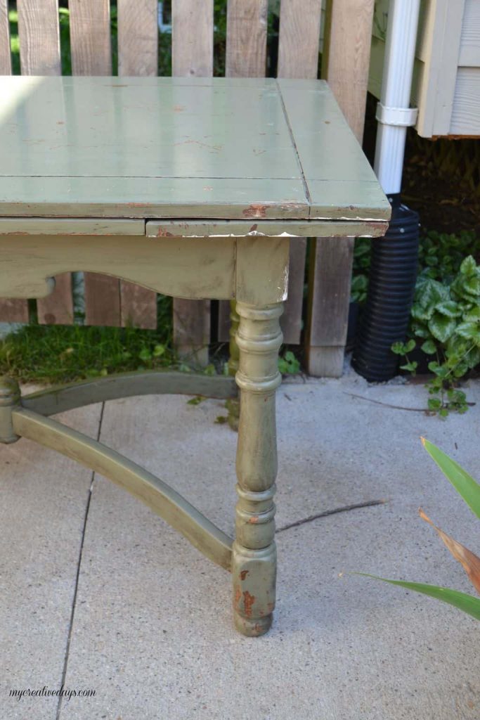 Farmhouse tables come in all shapes, colors and sizes. This small farmhouse table was an avocado green color, but we toned it down and made it chippy with touches of the green color popping through.