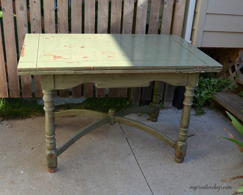 Farmhouse tables come in all shapes, colors and sizes. This small farmhouse table was an avocado green color, but we toned it down and made it chippy with touches of the green color popping through. 