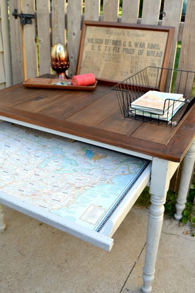 If you are looking for a desk for your home, this easy DIY desk was made over with an old map. Click over to find the tutorial!