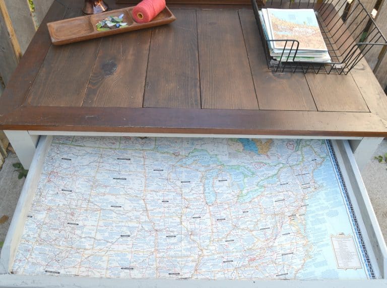If you are looking for a desk for your home, this easy DIY desk was made over with an old map. Click over to find the tutorial!