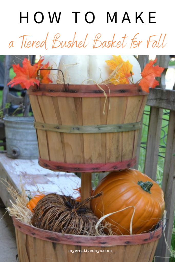 Learn how to make a tiered bushel basket for fall decor using two old bushel baskets and simple supplies. A rustic DIY perfect for pumpkins and gourds.