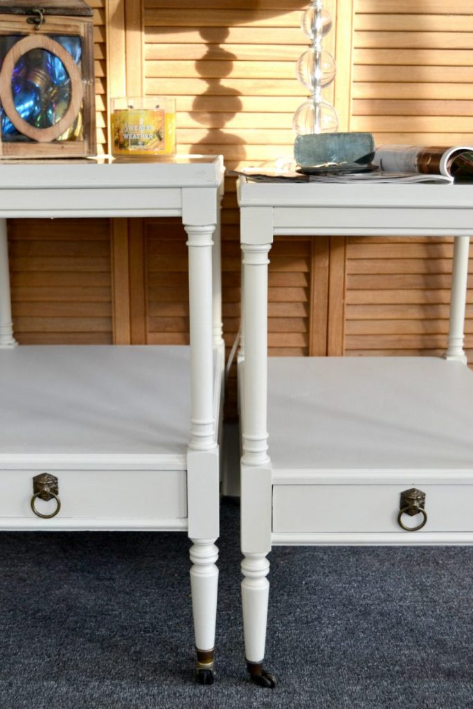 This white end table makeover took a pair of outdated tables and turned them into something current and so pretty!