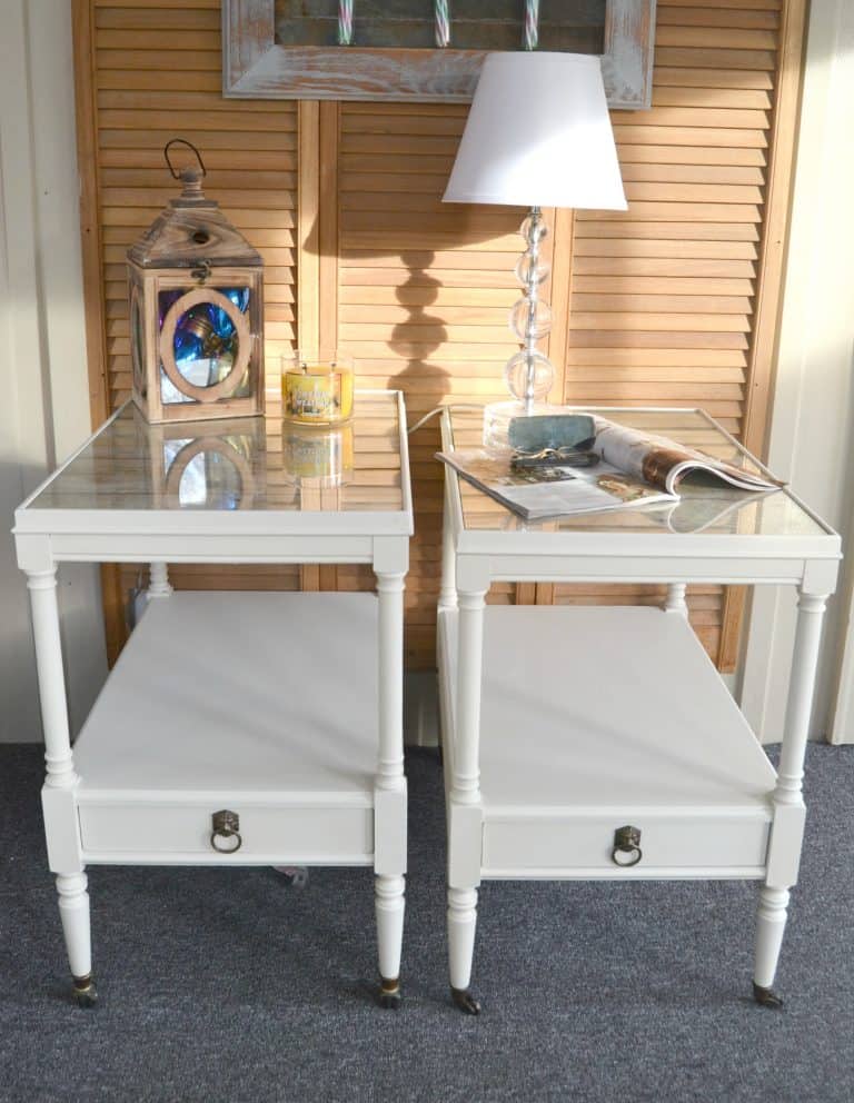 This white end table makeover took a pair of outdated tables and turned them into something current and so pretty!