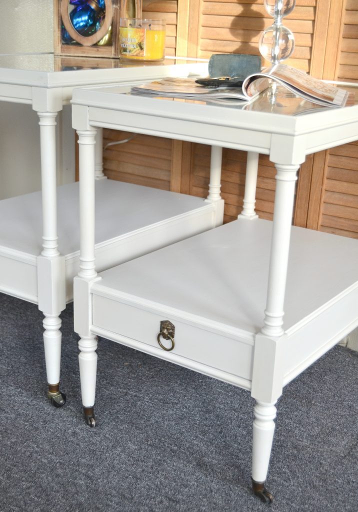 This white end table makeover took a pair of outdated tables and turned them into something current and so pretty!