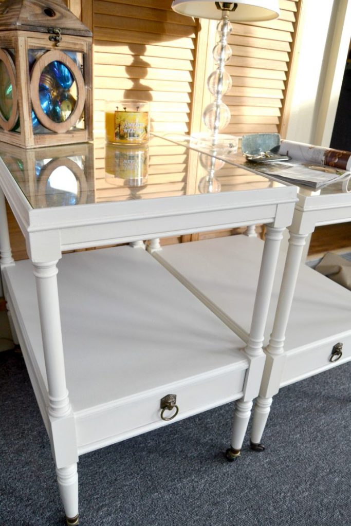 This white end table makeover took a pair of outdated tables and turned them into something current and so pretty!