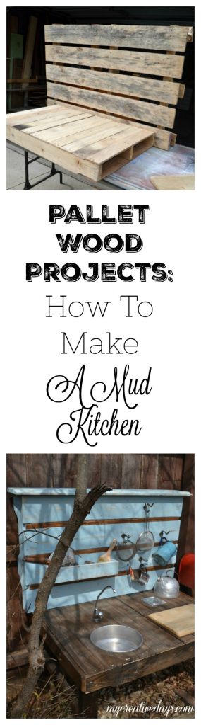 Pallet Wood Projects are so much fun because the wood is cheap and the possibilities are endless. Click over to see how easy it is to make a pallet wood mud kitchen for the kids!