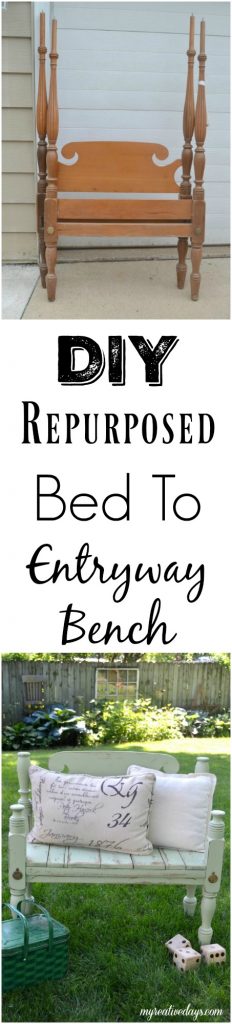 Are you looking for an entryway bench, but don't want to spend a lot of money? Click over to get the tutorial on how to repurpose a bed frame into a custom entryway bench. 