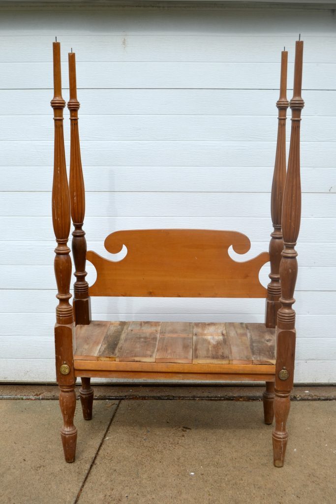 Are you looking for an entryway bench, but don't want to spend a lot of money? Click over to get the tutorial on how to repurpose a bed frame into a custom entryway bench. 