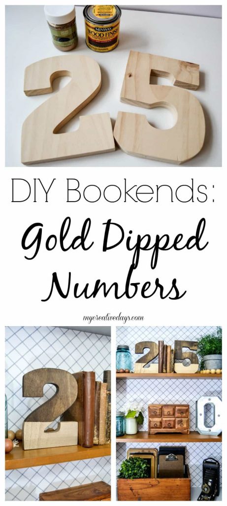 DIY Bookends - Looking for some fun bookends that don't cost a ton of money? These Gold Dipped Number DIY Bookends are easy to make and make a statement wherever you place them.