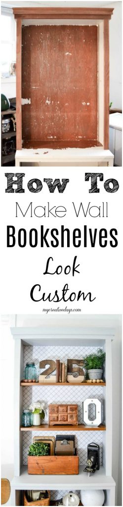 If you are looking for wall bookshelves for your home, click over to see how we took plain wall bookshelves and make them look custom in a few short steps.