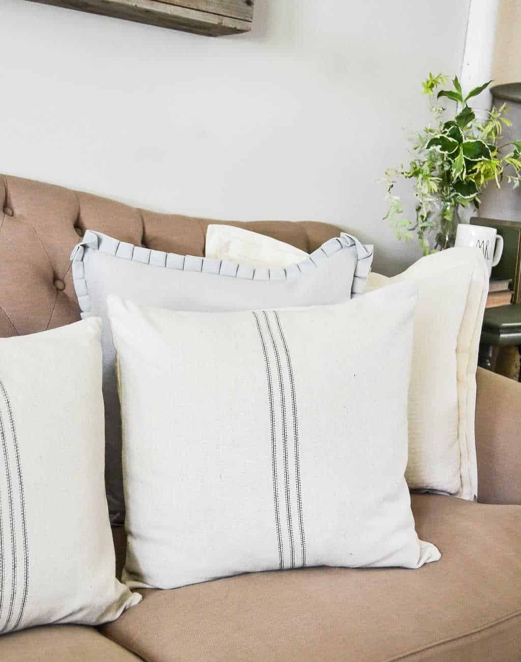 Farmhouse Throw Pillows With Grain Sack Stripes My Creative Days
