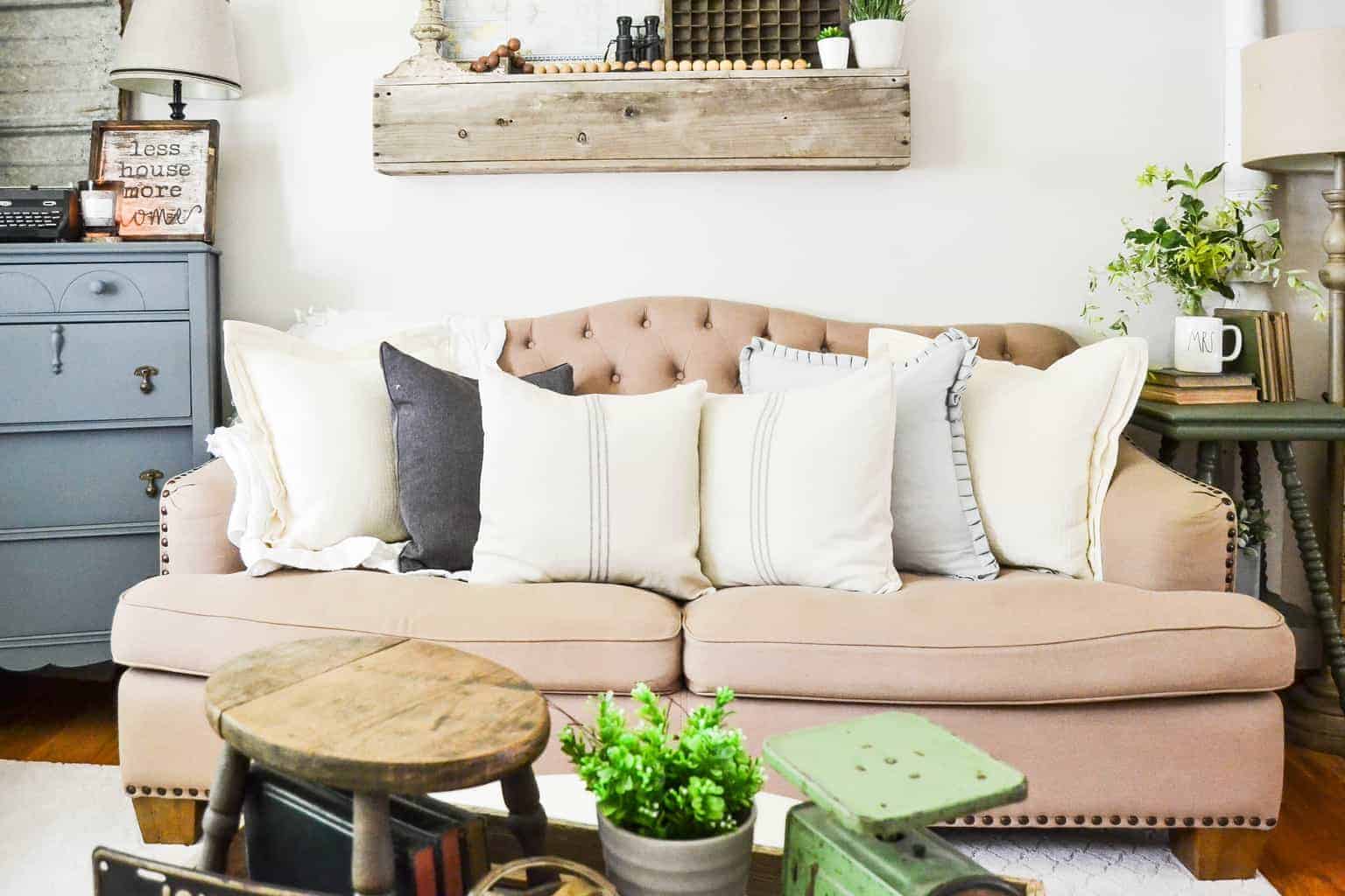 Farmhouse Throw Pillows With Grain Sack