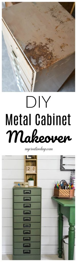 DIY Metal Cabinet Makeover - Have an old, rusty metal cabinet in your garage? Check out this DIY Metal Cabinet Makeover from My Creative Days and bring it out of the dark garage and into your home!