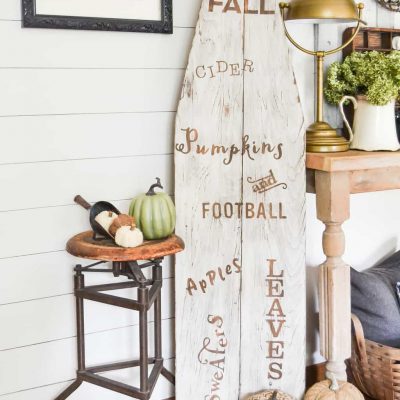 DIY Farmhouse Fall Sign On An Antique Ironing Board