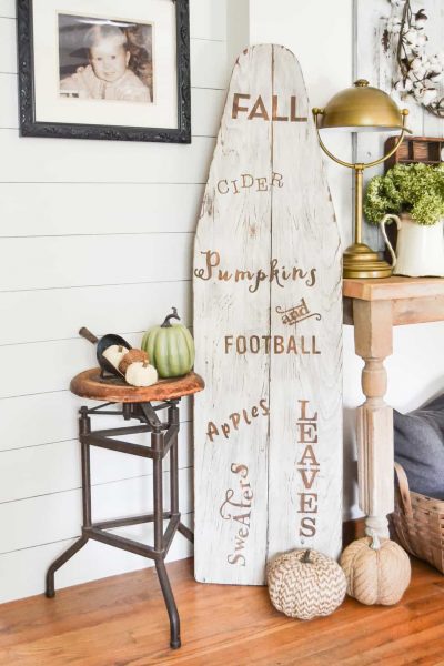 DIY Farmhouse Fall Sign - Think outside of the box and create you own DIY Farmhouse Fall Sign on an old wood ironing board.