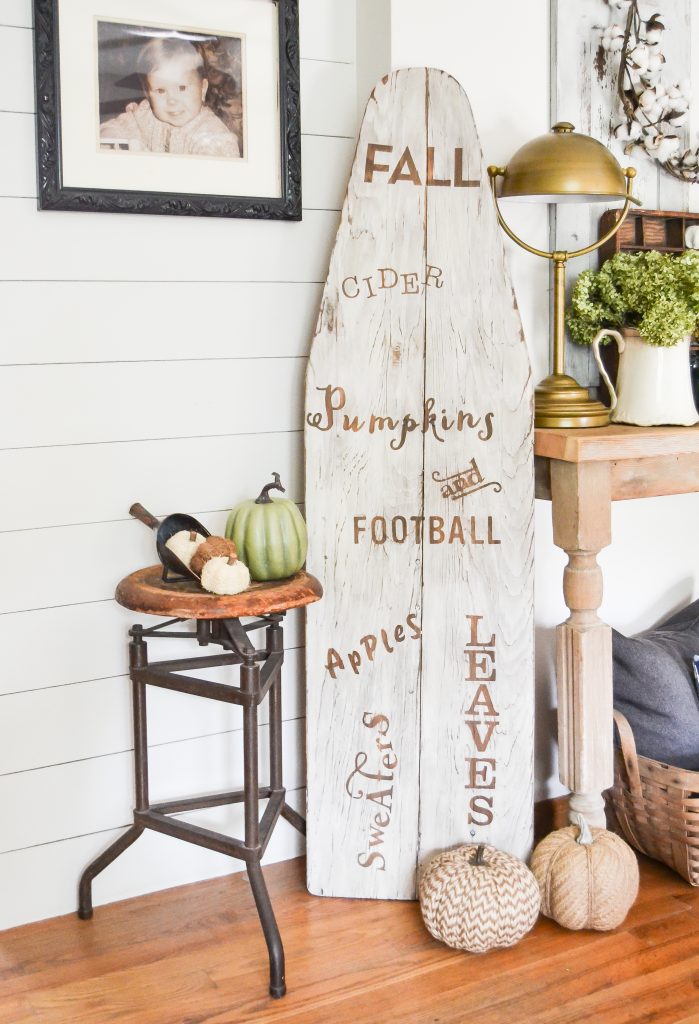 DIY Farmhouse Fall Sign - Think outside of the box and create you own DIY Farmhouse Fall Sign on an old wood ironing board.