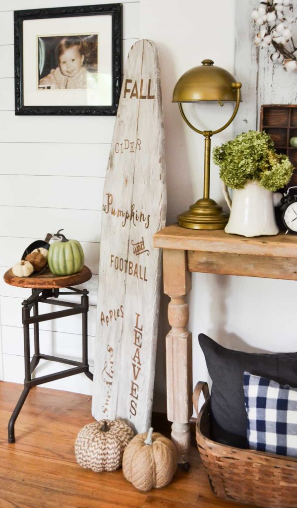 DIY Farmhouse Fall Sign - Think outside of the box and create you own DIY Farmhouse Fall Sign on an old wood ironing board.