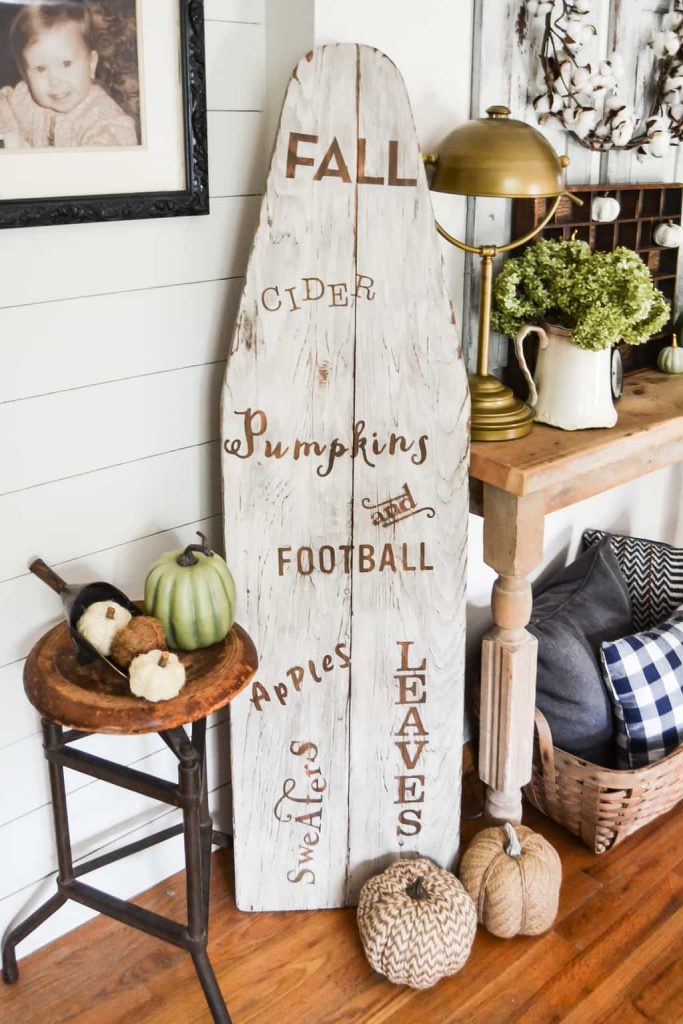 DIY Farmhouse Fall Sign - Think outside of the box and create you own DIY Farmhouse Fall Sign on an old wood ironing board.