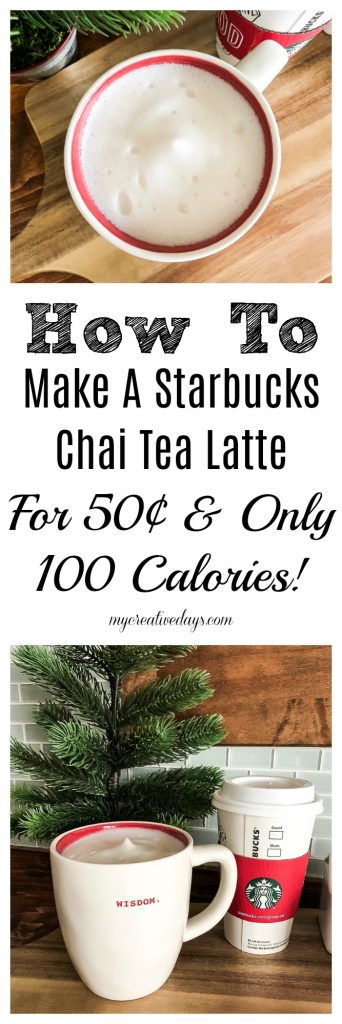 If you love Starbucks, but want to find a way to save money and calories when you enjoy your favorite drink, look no further. This homemade Starbucks Chai Tea Latte recipe costs 50¢ to make and only has 100 calories in it! 