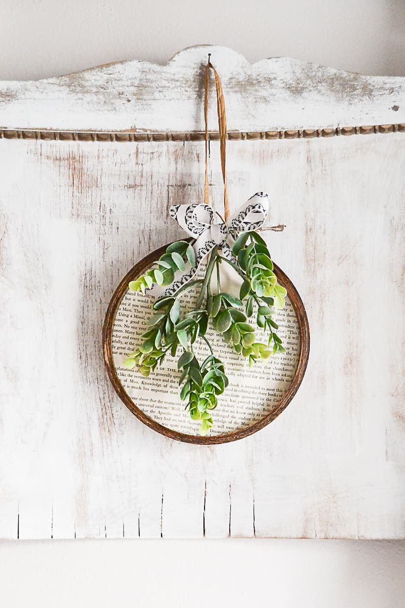 Spring Wreath Made From Embroidery Hoops and Old Book Pages.