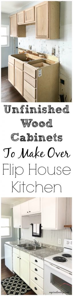 If you are thinking about adding unfinished wood cabinets to your home or a flip house, click over to see how we added them to our third project and what a difference they made to the kitchen.