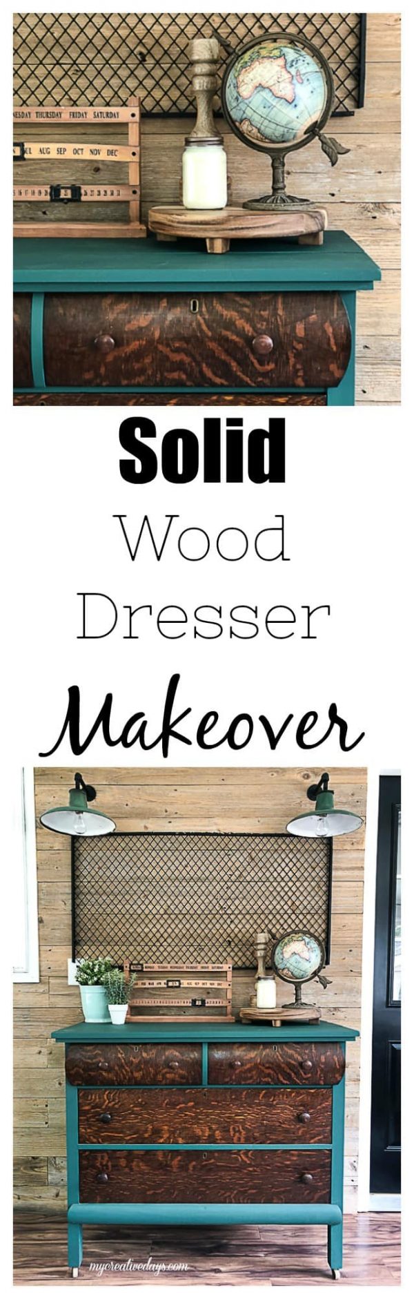 Solid Wood Dresser Makeover - Mix Of Green Paint & Wood Tones
