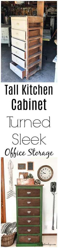 If you are looking for storage in your office that is sleek and actually looks great, click over to see how I turned a tall cabinet pulled from a vintage kitchen into sleek office storage. 