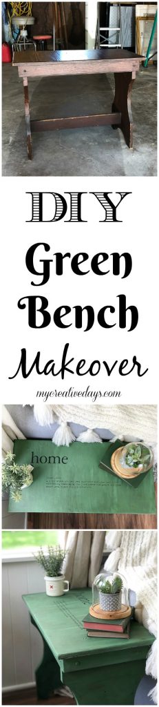 This yard sale find became a cute green bench though an easy makeover. A little paint, glaze and a surprise inside make this bench a fun piece for any room.