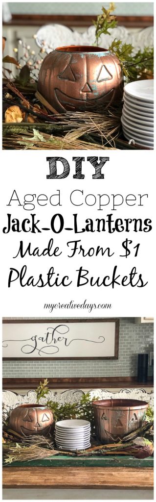 DIY Aged Copper Jack-O-Lanterns: Turn $1 Plastic Buckets into beautiful decor for Halloween, a Halloween party or a fall tablescape.