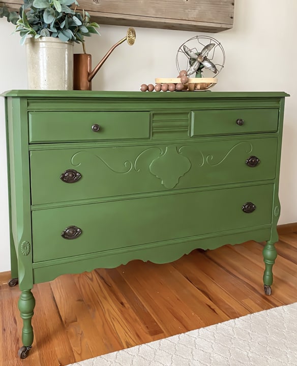 This Green Painted Dresser Makeover combines a beautiful paint color and furniture wax to create a custom piece in a few, short steps.