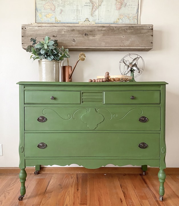 This Green Painted Dresser Makeover combines a beautiful paint color and furniture wax to create a custom piece in a few, short steps.