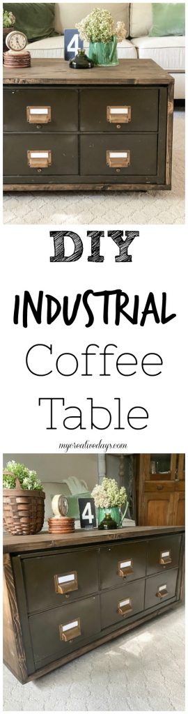 Create a DIY Industrial Coffee Table from an industrial metal drawer piece, some wood, stain and old casters to get the look you want for less!