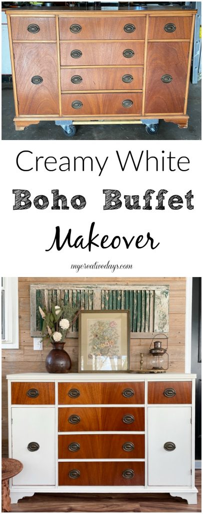 Buffets are a versatile piece of furniture and this creamy white boho buffet makeover turned a boring piece into a boho show stopper!