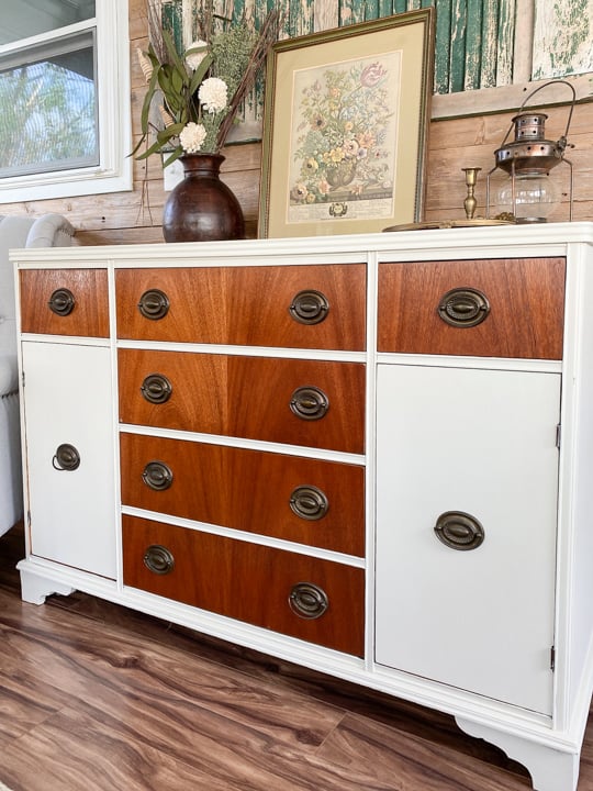 Buffets are a versatile piece of furniture and this creamy white boho buffet makeover turned a boring piece into a boho show stopper!