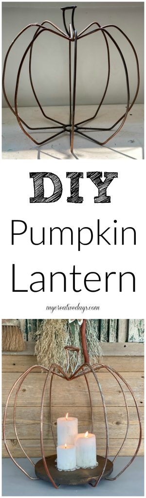 This DIY Pumpkin Lantern came together with a yard sale find, scrap wood from the garage, and some inexpensive pillar candles from Walmart.