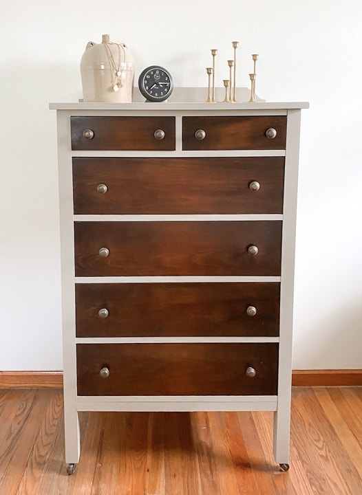 This DIY Neutral Dresser Makeover was done easily with some paint, a product that will make wood beautiful again and some new hardware!