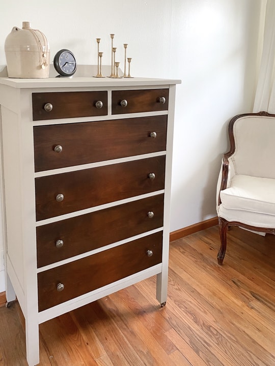 This DIY Neutral Dresser Makeover was done easily with some paint, a product that will make wood beautiful again and some new hardware!