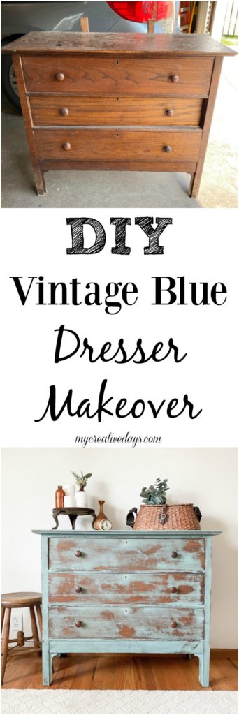 This Vintage Blue Dresser Makeover was done with some chalk mineral paint, a sander and a product to deepen the blue color.