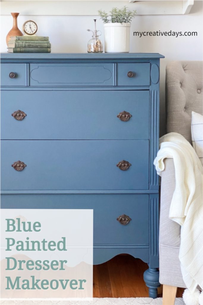 This blue painted dresser makes a yard sale dresser beautiful again with sanding, repairs, paint, topcoat, and a little elbow grease.
