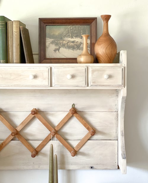 After stripping the orange patina and lightening the wood with an easy technique, this DIY wood wall organizer is now functional and pretty.