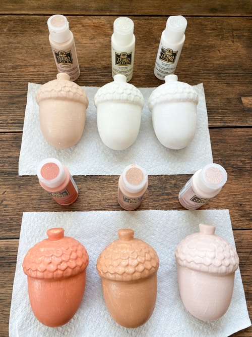 These DIY terra cotta acorns were very easy to make with two paint products and ceramic acorns from the dollar store.